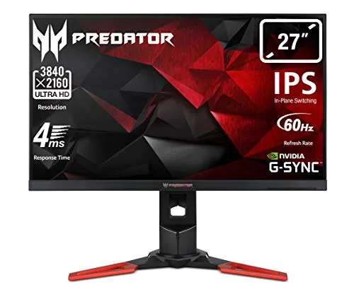 Acer Predator XB271HKbmiprz Monitor Gaming G-Sync da 27", Display IPS 4K Ultra HD, 60 Hz, 4 ms, 16:9, HDMI, DP, USB3.0, Lum 300 cd/m2, ZeroFrame, Speaker Integrati, Pivot, Cavi DP, USB3.0 Inclusi