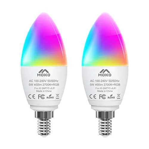 MoKo Lampadine LED Smart E14 5W Candela Intelligence WiFi, 2 Pezzi con Luce Multicolore dimmerabile Bianca Calda RGB, Funziona con Alexa Echo, Google Home, Controllo Vocale/Remoto dal App
