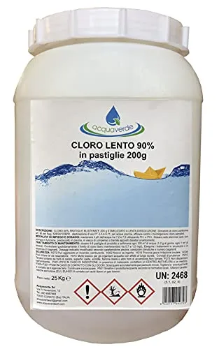 Cloro Lento 90% in Pastiglie 200 Gr Tricloro Trattamento Manutenzione Acqua Piscina (25 Kg)