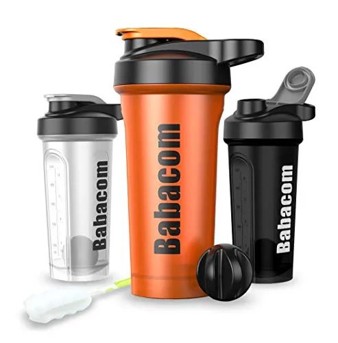 Babacom Borraccia Shaker con agitatore per proteine ​​in agitatore con spazzola per la pulizia 28 oz / 780 ml per atleti e fitness BPA arancione brillante