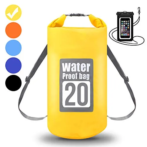 WIN.MAX Borse Impermeabile Sacca Dry Bag 5L 10L 15L 20L 30L con Tracolla Regolabile e Custodia Impermeabile per Cellulare, per Spiaggia Sport d'Acqua Kayak Canoa Pesca Rafting Nuoto (Giallo, 15L)