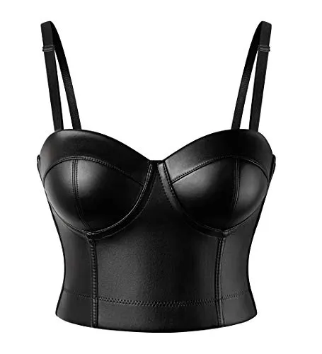 SLIMBELLE Crop Top Ecopelle Donna Bustino Sxey Gotico Corsetto Bustier Reggiseno in Pelle Nero Steampunk PU Bralette Wetlook Canotta Corta Senza Maniche per Jeans Gonna