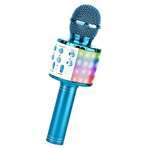 ShinePick Microfono Karaoke Bluetooth, Microfono bambini, Microfoni Wireless LED Flash Portatile Karaoke Player con Altoparlante per Android/iOS, PC e Smartphone(Blu)