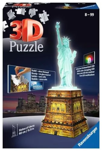 Ravensburger - 3D Puzzle Statua Della Libertà Night Edition con Luce, New York, 108 Pezzi, 8+ Anni