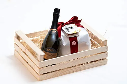 Cesto Regalo Gourmet - Cassettina in Legno con Panettone Artigianale 1 Kg e Spumante Abbazia