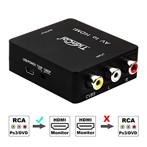 Tiancai 1080P AV Composite 3 RCA CVBS to HDMI Digital Signal Video Audio Converter for Blu Ray SKY HD VHS VCR DVD DVR-Blak