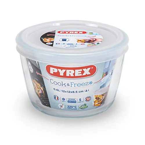Pyrex Cook & Freeze Contenitore Tondo in Vetro borosilicato con Coperchio, 12x6cm, Bianco, 12 cm