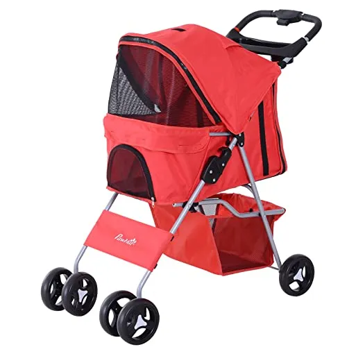 PawHut Passeggino Cani Gatti Animali Domestici Pieghevole 75L x 46P x 94Acm Rosso