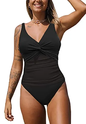 NLAND Costume Intero Donna da Contenitivo Push Up a Vita Alta Costumi con Scollo a V da Bagno Donna Beachwear dello Swimwear Imbottito(Nero,L)