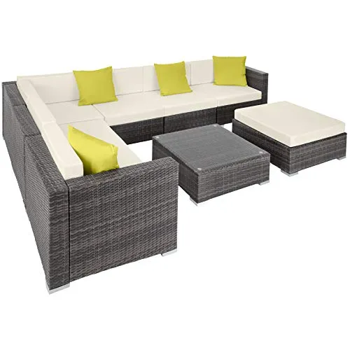 TecTake 800892 Set da Salotto in Polyrattan, Telaio in Alluminio, Poltrone + Cuscini + Poggiapiedi + Tavolo con Ripiano in Vetro, Adatto per Giardino Terrazza Salone (Grigio)