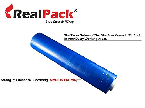 Realpack- Rotolo di pellicola elasticizzata blu resistente, per pallet e imballaggio di scatoloni, 400 mm x 250 m (1).