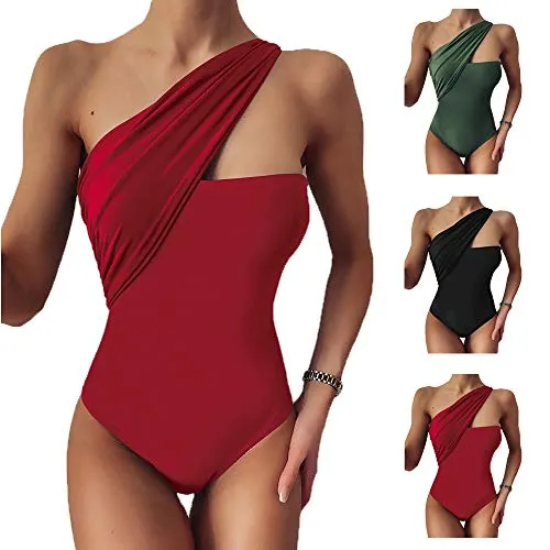 PLMOKN Bikini retrò Monopezzo da Donna, Costume da Bagno Tinta Unita Monospalla con Apertura sul Retro(M, Red)