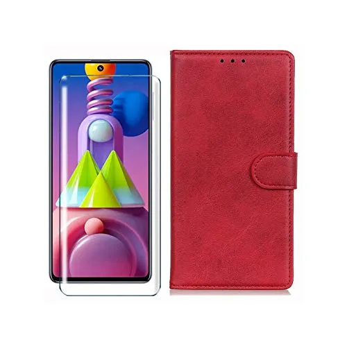 HYMY Cover per LG K20 2019 + Vetro Temperato - Rosso Semplice PU Pelle + TPU Multifunzione Wallet Slot Custodia Flip Case per LG K20 2019