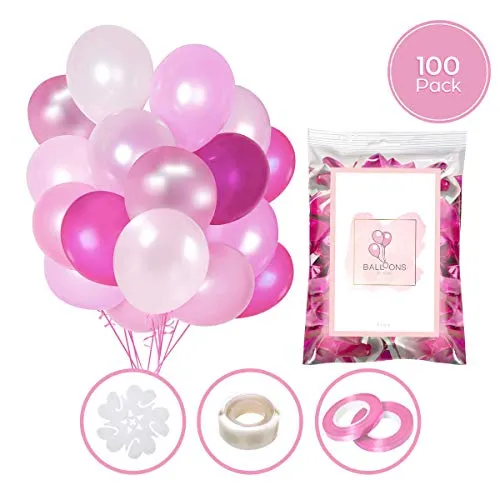 100 Palloncini Rosa in Lattice + Nastro Rosa + Supporti + Adesivi da Muro per Palloncini | 5 Colori Misti | Pink Party, Matrimonio, Battesimo e Compleanno | 30 cm | Elio o Aria