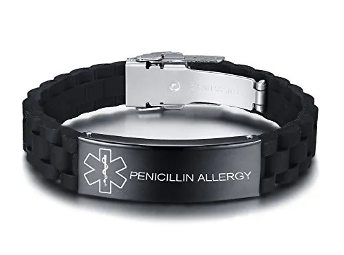 Vnox PENICILLIN Allergy Medico Bracciale Acciaio Inossidabile Allerta Medica Bracciale Medico Silicon Bracciale per Uomini Donne,18-22.5cm Adattabile.