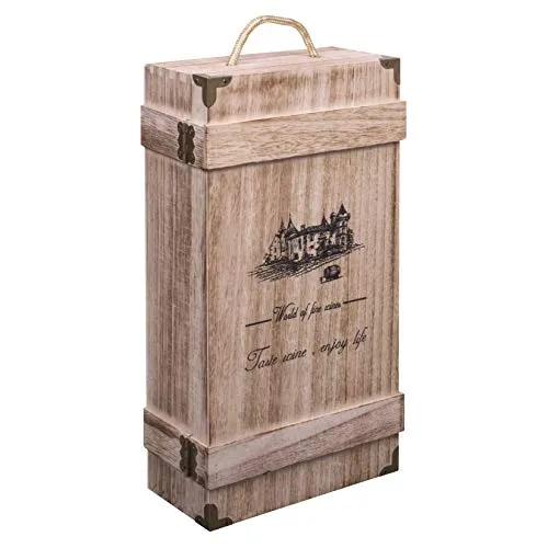 Woodluv - Scatola regalo vintage in legno, per due bottiglie di vino o champagne, con manico integrato