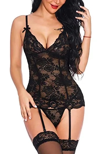 EVELIFE Completi Intimo Hot Donna Sexy Scollo V Reggicalze Lingerie Scollo V Body Pizzo Biancheria Intima con Mutandine, Nero, L