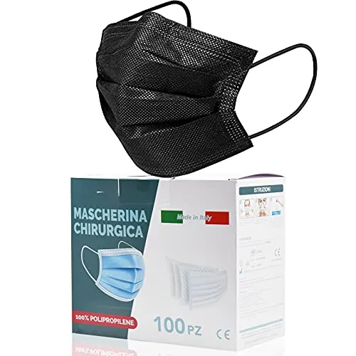 100 pezzi Mascherine Chirurgiche Nere, MADE IN ITALY Certificate CE, Mascherine Nere Tipo IIR Monouso Nasello Regolabile Traspirante con Elastici Morbidi e Resistenti, Singoli Pacchetti (A33)