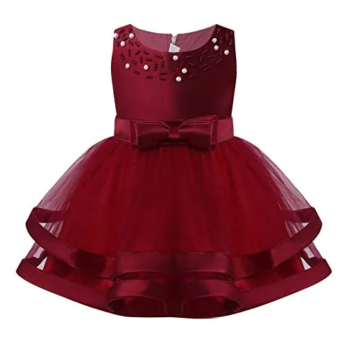 iEFiEL Abiti da Battesimo Neonata con/Senza Mutandine Cotone Abito da Principessa Elegante Vestito da Cerimonia Festa Compleanno Vestito da Sera Sposa Matrimonio 0 Mesi-3 Anni Burgundy 3-6 Mesi