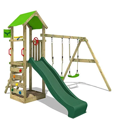 FATMOOSE Parco giochi in legno KiwiKey Kick XXL giochi da giardino per bambini, casetta da gioco con altalena SuperSwing e scivolo