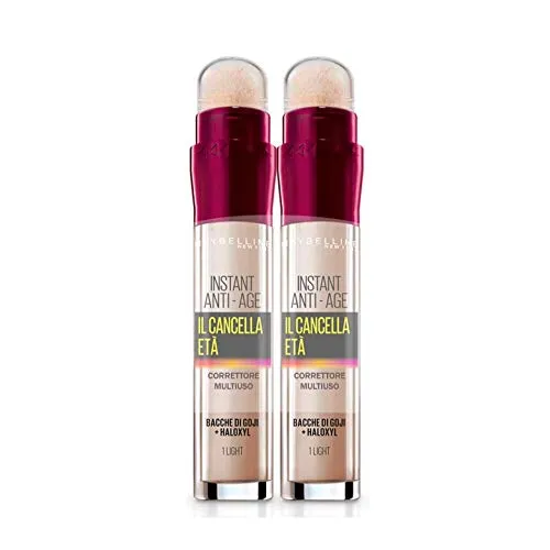 Maybelline New York Il Cancella Età Correttore Liquido con Bacche di Goji e Haloxyl, Copre Occhiaie e Piccole Rughe, Confezione Doppia 2 Pezzi, 01 Light