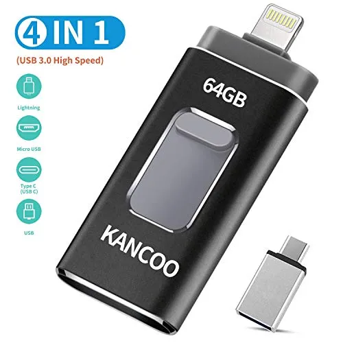 Chiavetta USB 3.0 64GB 4 in 1 Memoria USB Flash Drive per iPhone iPad e PC Laptop, Pen Drive per Dispositivi con Apple/iOS/Android/USB C/Micro USB/Tipo C Porta - Nero