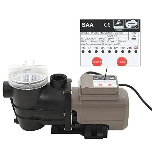 vidaXL Pompa per Piscina con Timer Nera 0,25 HP 8000 L/h Acciaio Pulizia Acqua