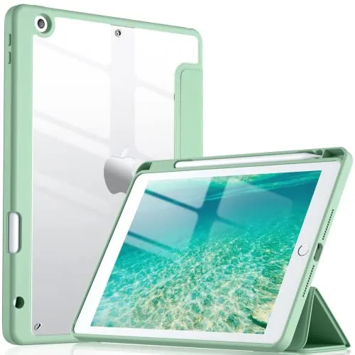 Vobafe Trasparente Cover per iPad 9a/8a/7a generazione 10,2 Pollici (2021/2020/2019) con Portapenne, Custodia del Paraurti a prova di Shock con Shell Posteriore Trasparente, Menta verde
