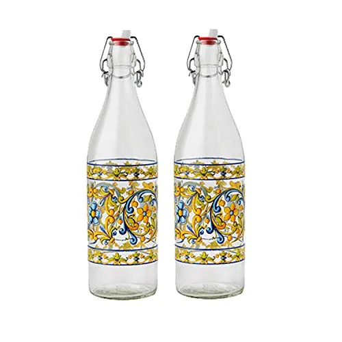 Baroni Home Set di 2 Bottiglie Acqua di Vetro da tavola decorate Sicilia con tappo ermetico MADE IN ITALY capienza 1l
