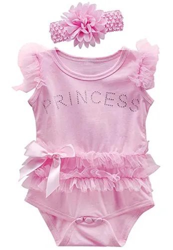 MOMBEBE COSLAND Body Neonata Bambino Bambina Pizzo Tutu Vestito con Fascia (Rosa, 0-3 Mesi)