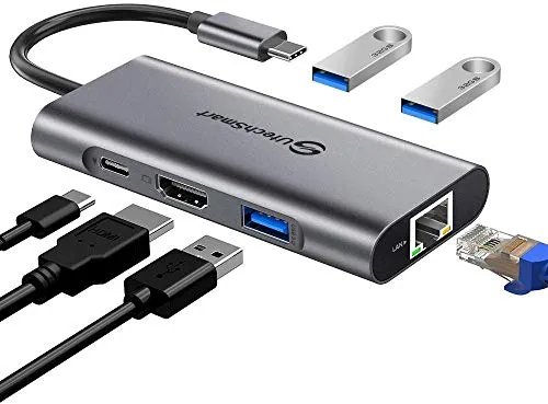 UtechSmart - Adattatore USB C a HDMI 6 in 1 con Ethernet da 1000 m, porta di ricarica Pd Tipo C, 3 porte USB 3.0 compatibile per dispositivi MacBook Pro, Chromebook, XP e USB C