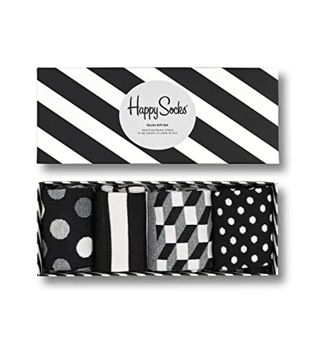 Happy Socks 4-Pack Classic Black & White Socks Gift Set, colorate e divertenti, Calzini per uomo e donna, Nero-Bianco (41-46)