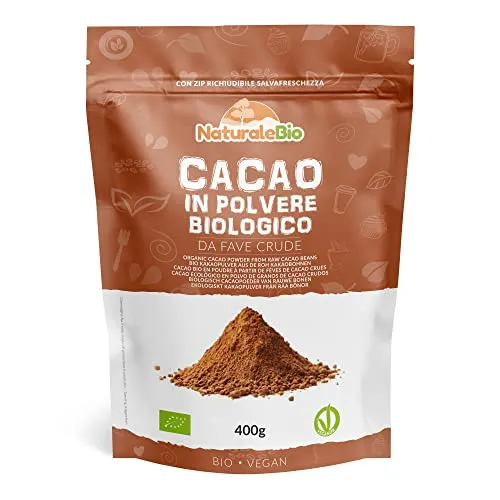 Cacao Biologico in Polvere 400g. Bio, Naturale e Puro da Fave Crude. Prodotto in Perù dalla Pianta Theobroma Cacao. Lavorato a basse temperature. NaturaleBio
