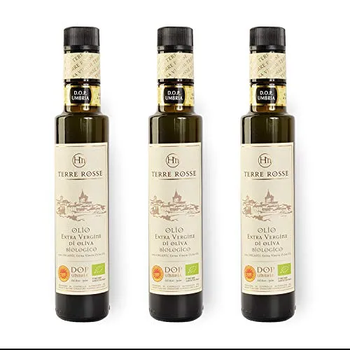 Terre Rosse - Olio Extravergine di Oliva Biologico Spremuto a Freddo - Monocultivar Moraiolo - Certificazioni DOP Umbria Colli Assisi Spoleto e Kosher/P - Campagna Olearia 2019 - 3 Bottiglie 250 ml