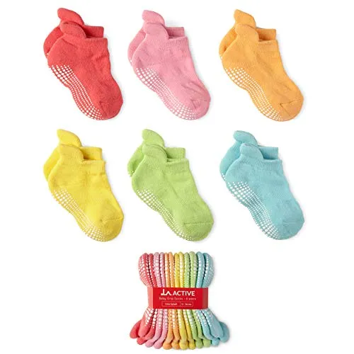 LA Active Calzini Presa Antiscivolo Cotone - 6 Paia - Per Bambini Piccoli Neonati e Infanti (Colori Luminosi, 4-7 Anni)