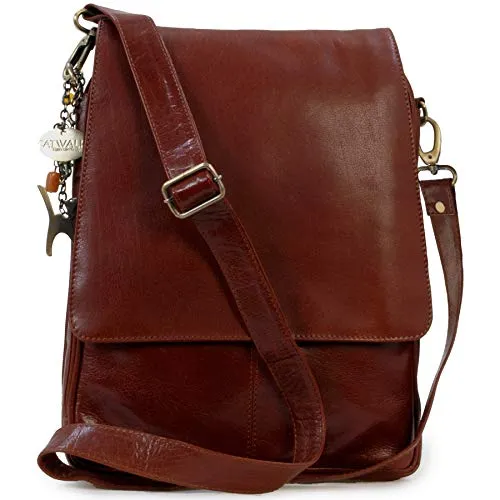 Catwalk Collection Handbags - Vera Pelle - Borse a Tracolla A4 / Messenger per Donna - Con Ciondolo a Forma di Gatto - City - MARRONE CHIARO
