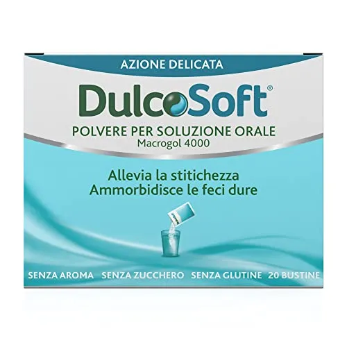 Dulcosoft E’ un dispositivo medico per alleviare la stitichezza, reidratando,ammorbidendo e dando una sensazione di sollievo. Confezione da 20 bustine predosate 10 g.per adulti e bambini dagli 8 anni