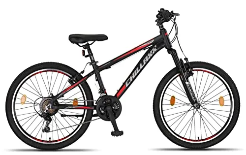 Chillaxx Bike Legend Alluminio 24 26 27,5 29 pollici, Shimano Mountain Bike MTB Bicicletta per ragazzi ragazze uomini e donne 21 marce, cambio bici da uomo e donna (24 pollici, freno a V nero-rosso)