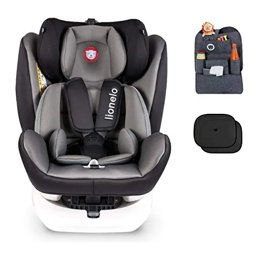 Seggiolino auto LIONELO BASTIAAN ISOFIX 0 36 kg 360 con Organizer e parasole (Grigio Bianco + Set)