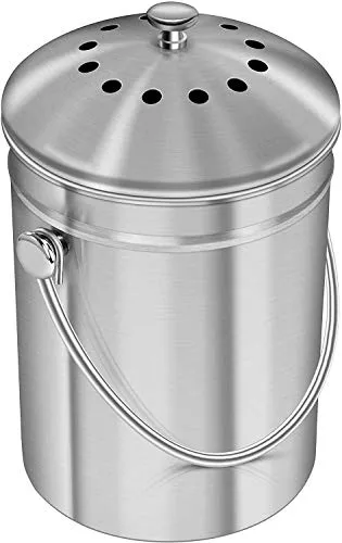 KICHLY [5 Liter] Contenitore per Compost in Acciaio Inox per Piano di Lavoro - Secchio per Compost da Cucina - Include 1 Filtro a Carbone di Ricambio