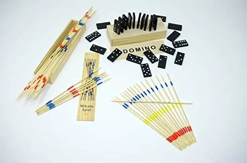 Set di 2 giochi Mikado e Domino, in legno, con pratica scatola di legno e istruzioni (incl. Mini's – Sorpresa) pensiero logico, promozione, motore, set risparmio