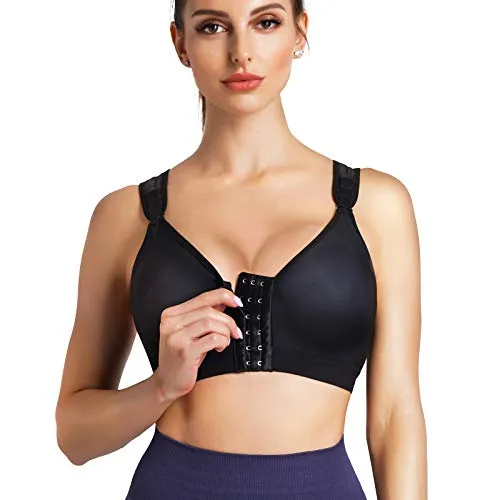 Chumian Reggiseno Sportivo Post-Chirurgico Donna Bralette Senza Ferretto Taglie Forti Reggiseni con Chiusura Frontale (Nero, XL)