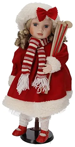 Keyhomestore-Bambola realizzata in porcellana, Sciatrice, Vestito color Bianco e Rosso,Altezza cm 50, con piedistallo, ideale come decorazione per la casa e cameretta. Idea regalo.