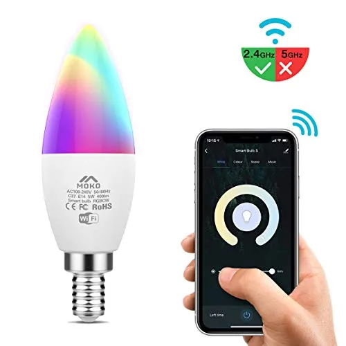 MoKo Lampadine LED Smart E14 5W Candela Intelligence WiFi, con Luce Dimmerabile Bianca Calda RGB, Funziona con Alexa Echo, Google Home, Controllo Vocale/Remoto dal App, Nessun Hub - Bianco