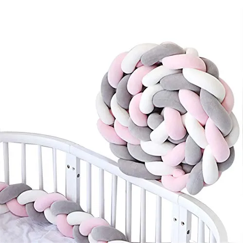 Paracolpi Lettino, Neonato Paracolpi Culla Bambino Paracolpi Intrecciato Paraurti per Neonato Gift, 2M (Rosa + grigio + bianco)