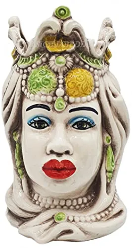 Sicilia Bedda - Teste di Moro Siciliane Ceramica di Caltagirone - Altezza 13 Centimetri - Arredo Casa (Donna Corona Verde e Giallo)
