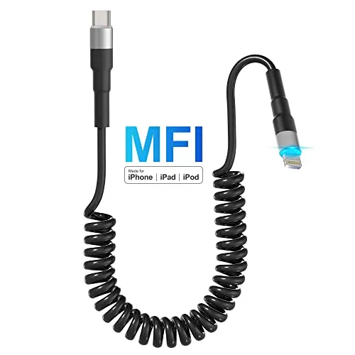 USB C Cavo Lightning Spirale, Cavo Apple CarPlay [Certificato MFI] Cavo Lightning a Spirale USB C Corto con Sincronizzazione Dati e LED Blu, Cavo Spirale iPhone USB C per iPhone Pad Pod iOS CarPlay