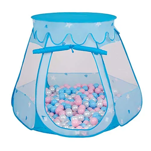 SELONIS Tenda 105X90cm/300 Palline Castello con Palline Colorate per Bambini, Blu:Azzurro/Rosa Chiaro/Perla