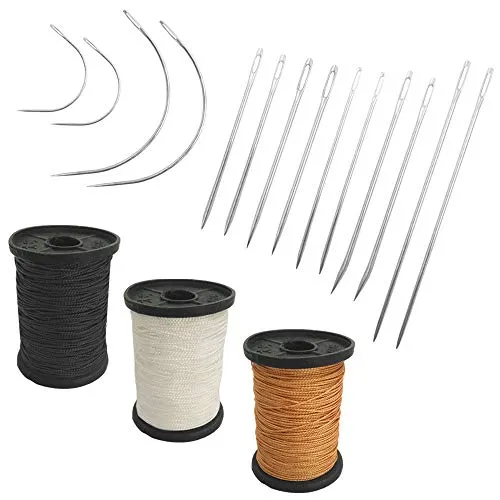 SourceTon - Set di 17 aghi per uso domestico e filo per tappezzeria extra resistente, 7 stili di aghi da cucito per pelle e filo di nylon in 3 colori (45,7 m)