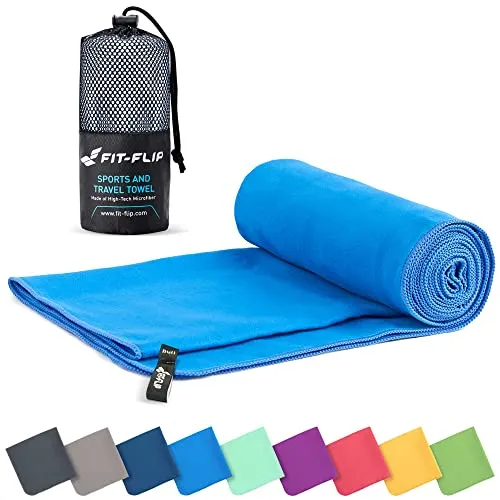 Fit-Flip Asciugamano Microfibra – in Tutti i Colori, 8 Misure – Compatto & Ultraleggero – Microfibra Asciugamano – Asciugamano Sport, Telo da Palestra e Asciugamano Viaggio (90x180cm Blu + Borsa)